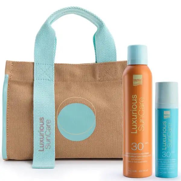 Intermed Promo Pack με Luxurious Sun Care Αντηλιακό Γαλάκτωμα Προσώπου με Προβιοτικά για Λιπαρές Επιδερμίδες SPF 30, 50ml, Antioxidant Sunscreen Invisible Αντηλιακό Spray για Πρόσωπο & Σώμα SPF 30, 200ml & Δώρο Τσάντα Θαλάσσης, 1τεμ, 1σετ